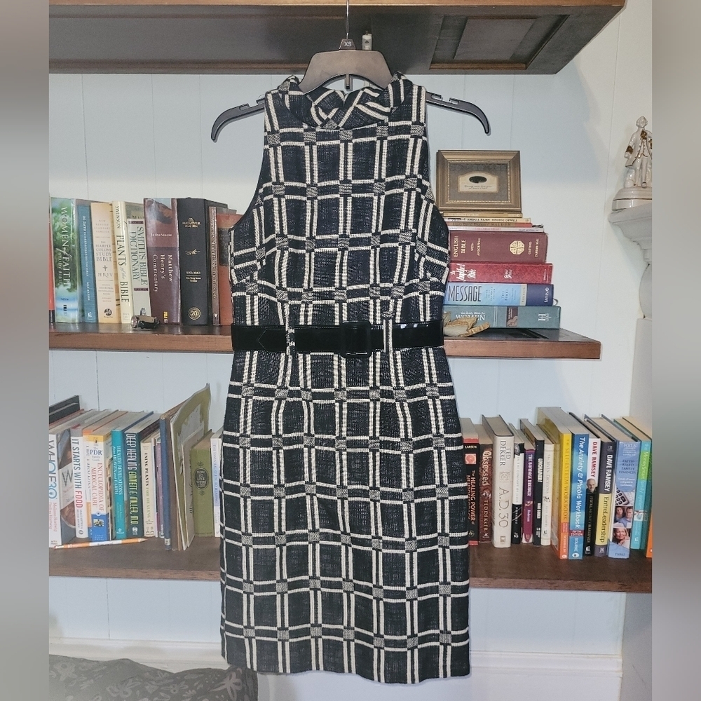 Milly of New York Black and White Windowpane Midi Dress with Belt